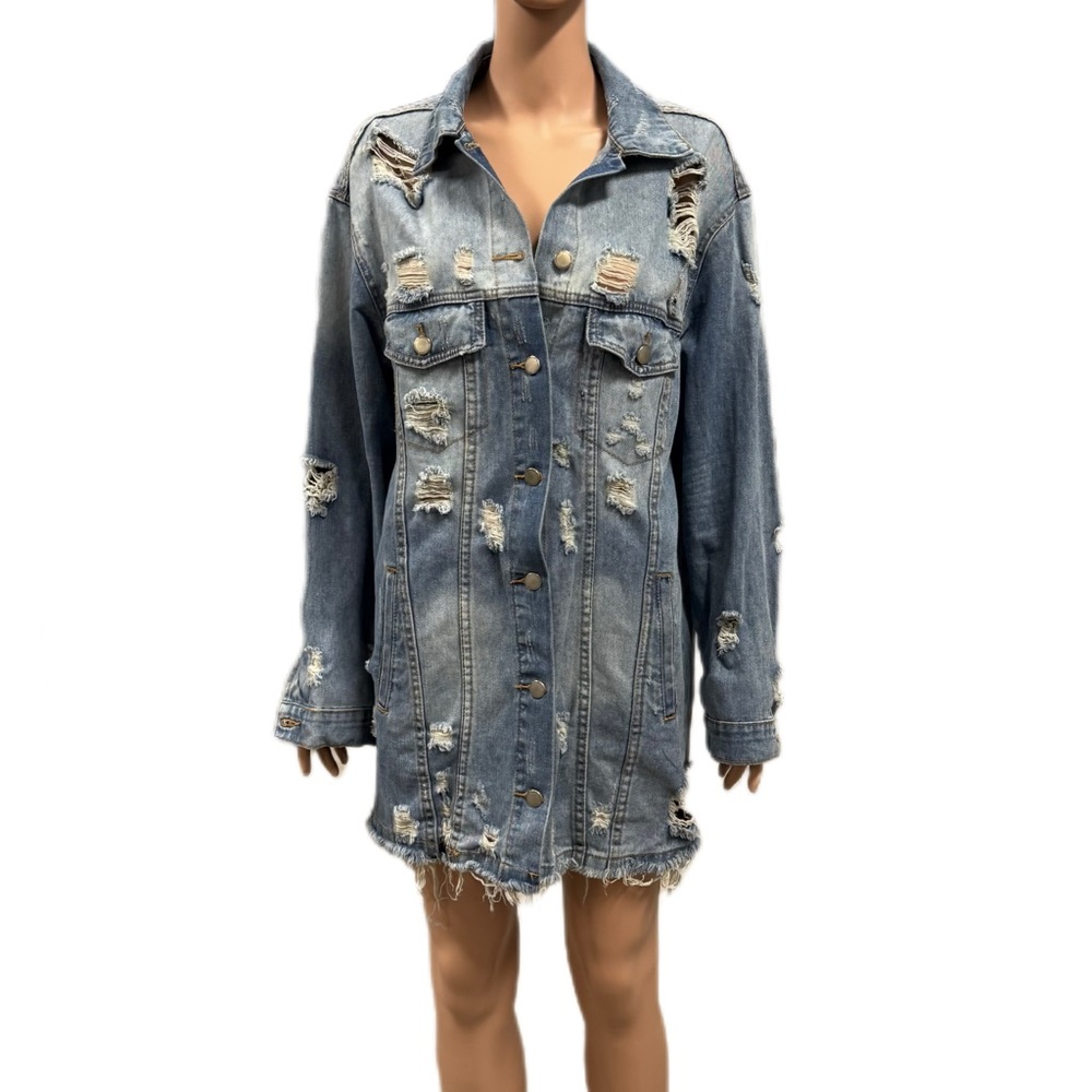 Women’s Long Distressed Denim Jacket Floral Back – Like New – Size L